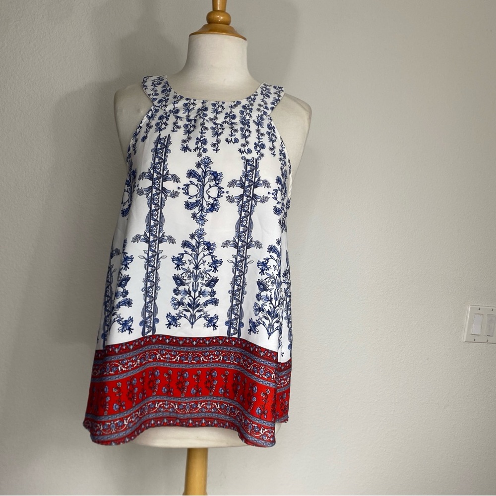 3/$25 West Kei Womens Red White Blue Floral Halter Tank Blouse Size Medium Boho